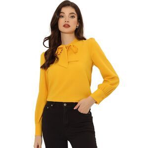 Women's Bow Tie Neck Top Long Sleeve Solid Workwear Blouse Yellow